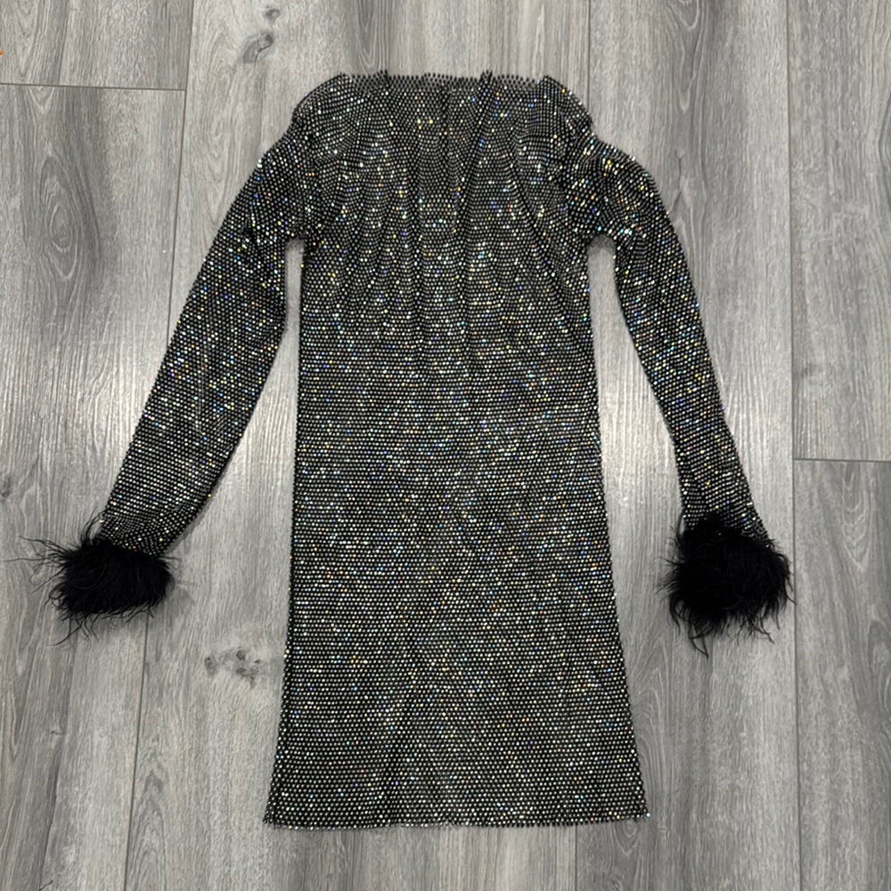 Black Sparkly Dress with Feather Cuffs